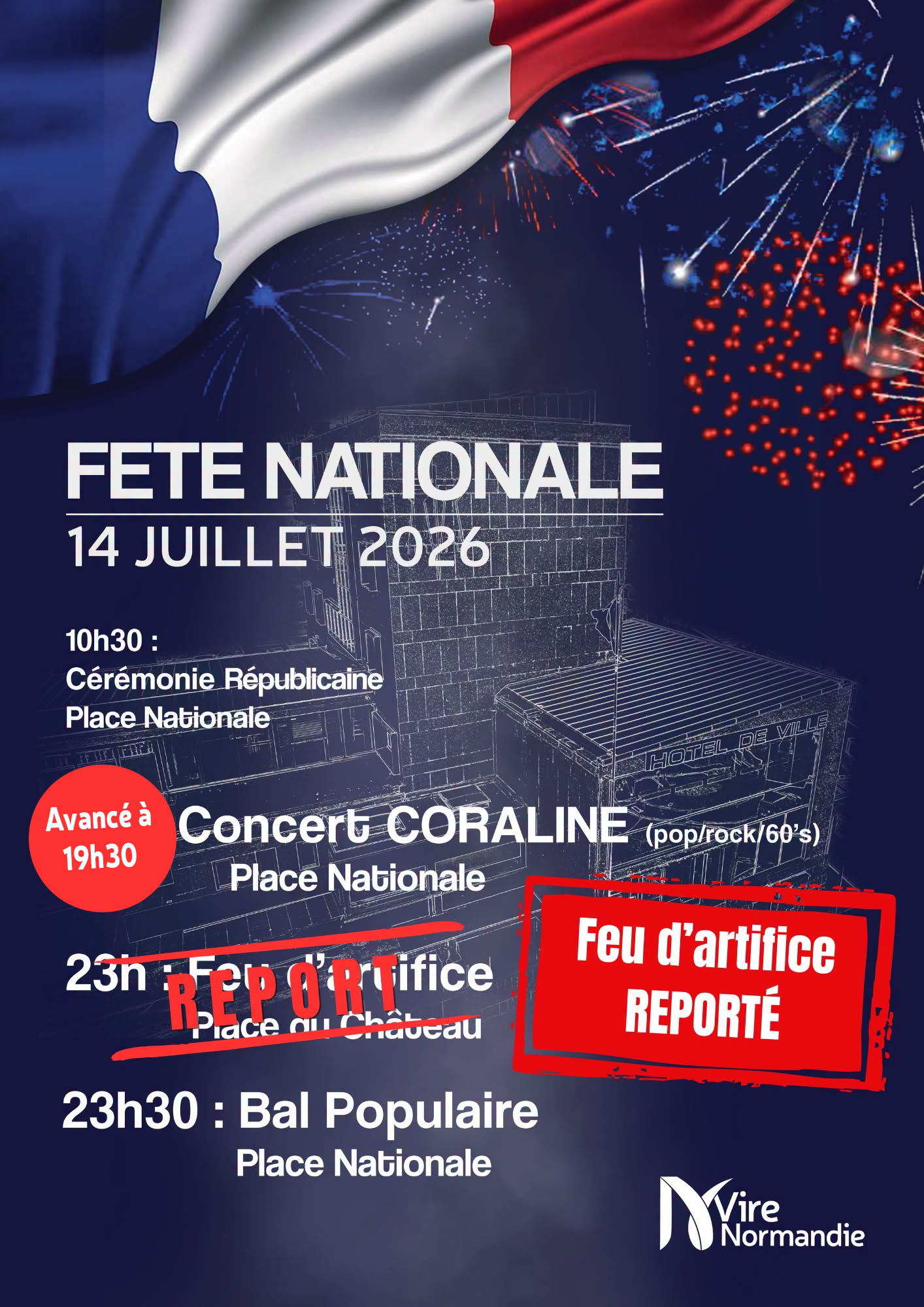 Affiche 14 juillet report feu artifice + avancé concert 13072026