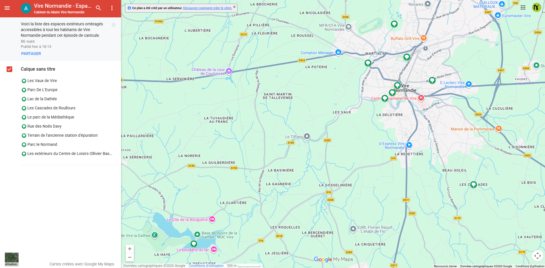 Capture d'écran Google Maps Espaces extérieurs ombragés Vire Normandie Juin 2026